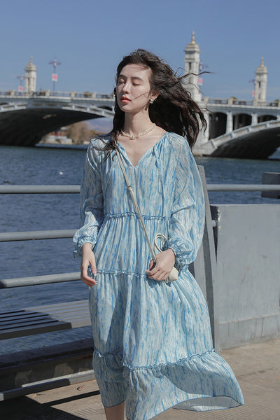 Retro High Quality Temperament V-neck Ink Pattern Floral Long Cake Dress