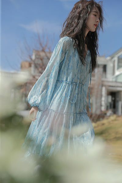 Retro High Quality Temperament V-neck Ink Pattern Floral Long Cake Dress