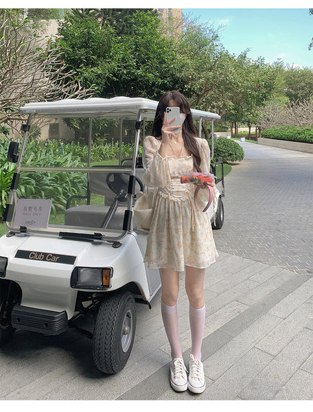 Leisure Time Vintage Square Neck Lace Women Puff Sleeve Floral A Line Dress