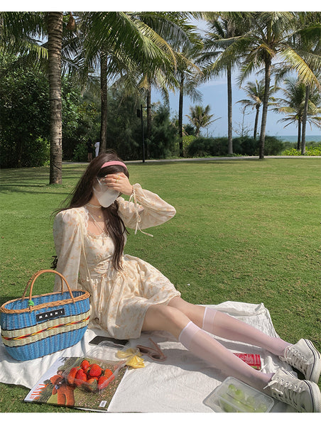 Leisure Time Vintage Square Neck Lace Women Puff Sleeve Floral A Line Dress