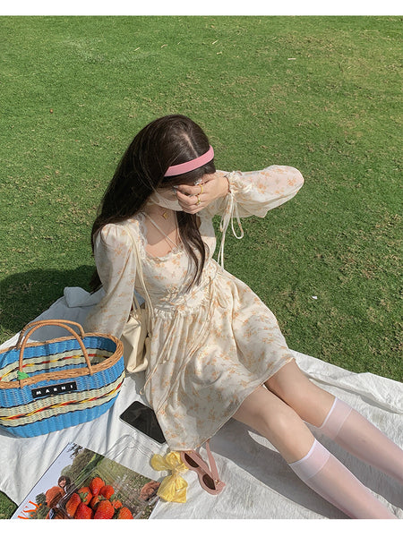 Leisure Time Vintage Square Neck Lace Women Puff Sleeve Floral A Line Dress