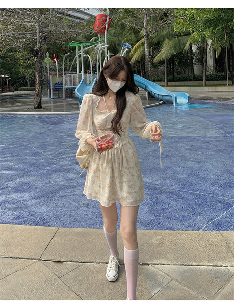 Leisure Time Vintage Square Neck Lace Women Puff Sleeve Floral A Line Dress