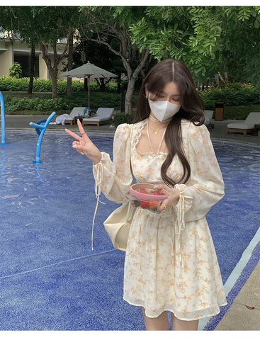 Leisure Time Vintage Square Neck Lace Women Puff Sleeve Floral A Line Dress