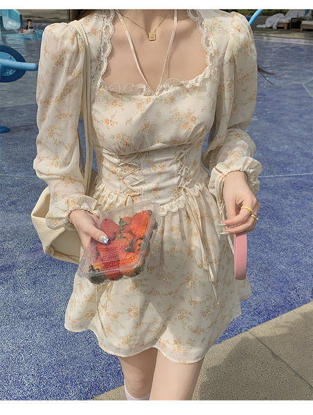 Leisure Time Vintage Square Neck Lace Women Puff Sleeve Floral A Line Dress