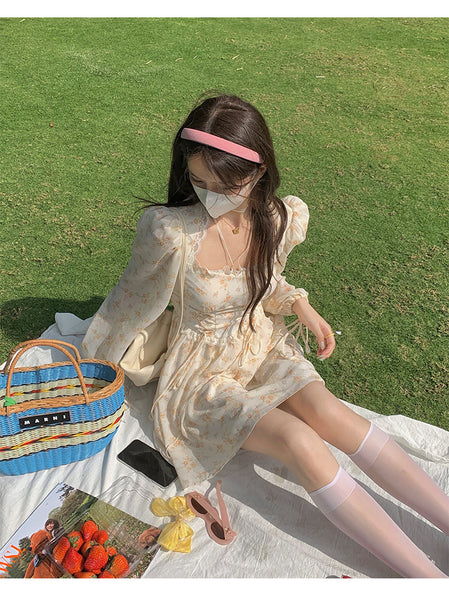 Leisure Time Vintage Square Neck Lace Women Puff Sleeve Floral A Line Dress