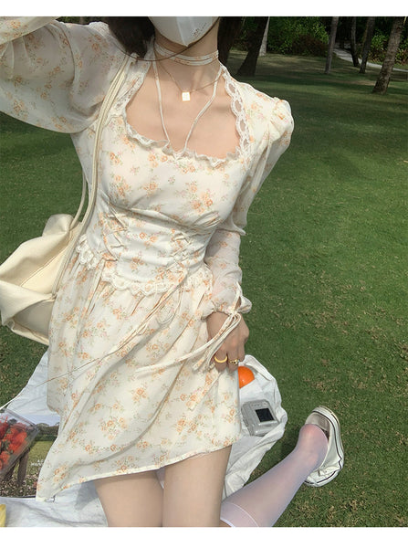 Leisure Time Vintage Square Neck Lace Women Puff Sleeve Floral A Line Dress