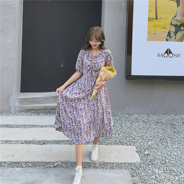 Women Retro Purple Chiffon Floral V Neck Short Sleeved Long Flare Dress