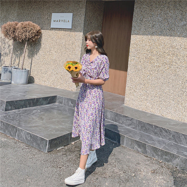 Women Retro Purple Chiffon Floral V Neck Short Sleeved Long Flare Dress