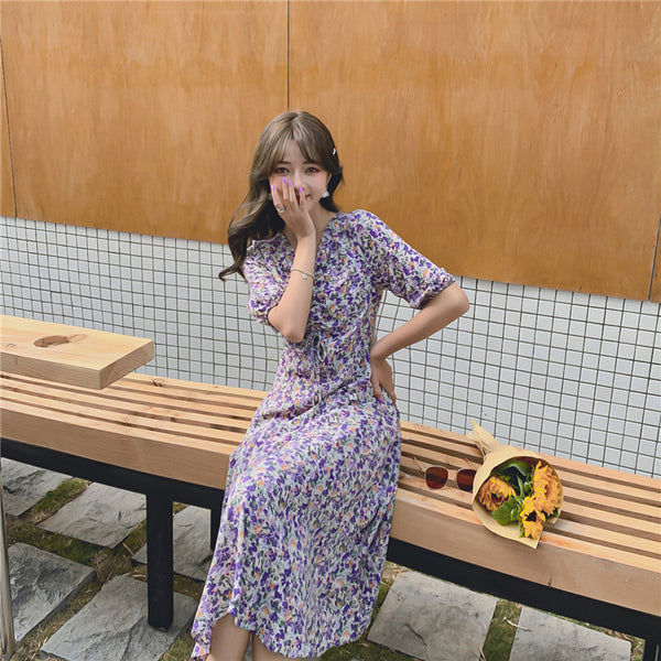 Women Retro Purple Chiffon Floral V Neck Short Sleeved Long Flare Dress