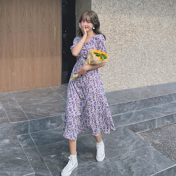 Women Retro Purple Chiffon Floral V Neck Short Sleeved Long Flare Dress