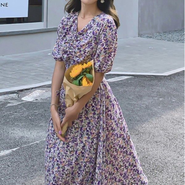 Women Retro Purple Chiffon Floral V Neck Short Sleeved Long Flare Dress