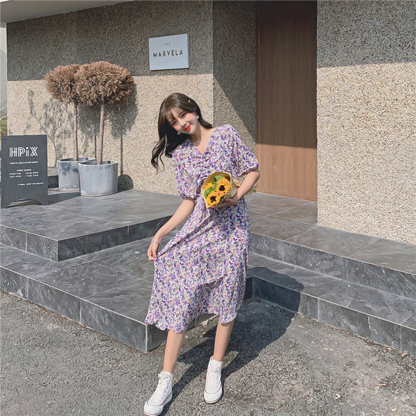 Women Retro Purple Chiffon Floral V Neck Short Sleeved Long Flare Dress