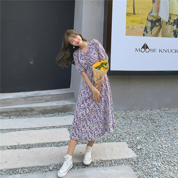 Women Retro Purple Chiffon Floral V Neck Short Sleeved Long Flare Dress