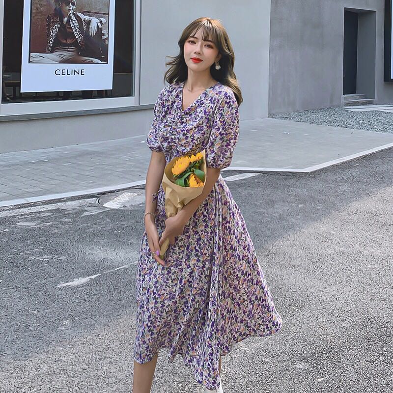 Women Retro Purple Chiffon Floral V Neck Short Sleeved Long Flare Dress