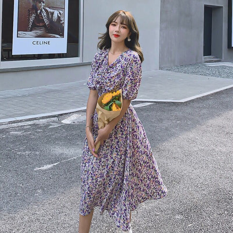 Women Retro Purple Chiffon Floral V Neck Short Sleeved Long Flare Dress