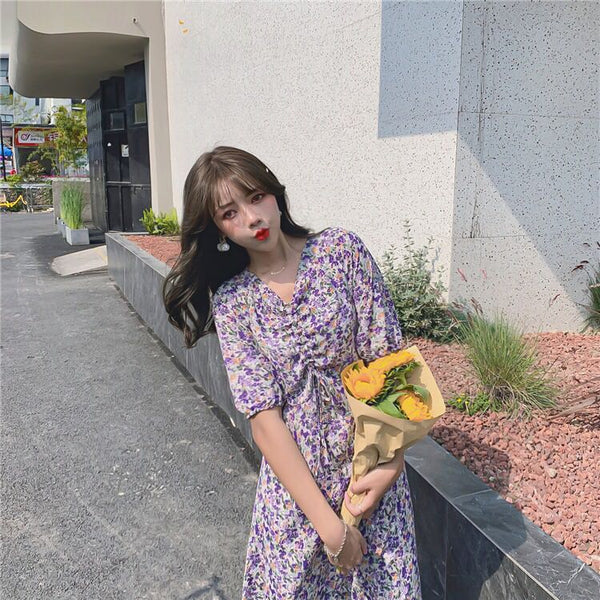 Women Retro Purple Chiffon Floral V Neck Short Sleeved Long Flare Dress