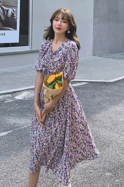 Women Retro Purple Chiffon Floral V Neck Short Sleeved Long Flare Dress