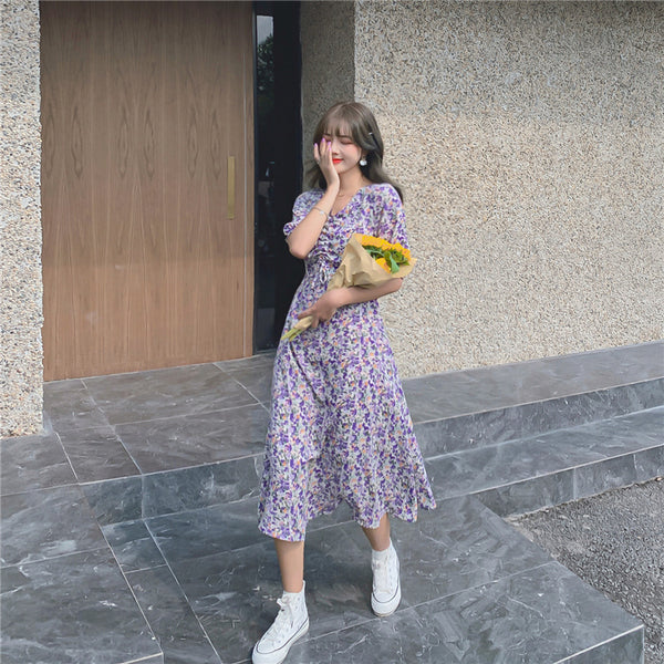 Women Retro Purple Chiffon Floral V Neck Short Sleeved Long Flare Dress