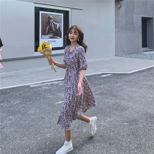 Women Retro Purple Chiffon Floral V Neck Short Sleeved Long Flare Dress