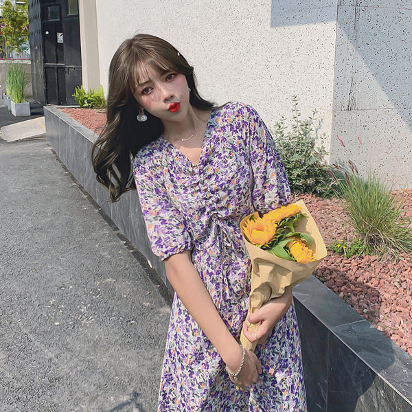 Women Retro Purple Chiffon Floral V Neck Short Sleeved Long Flare Dress