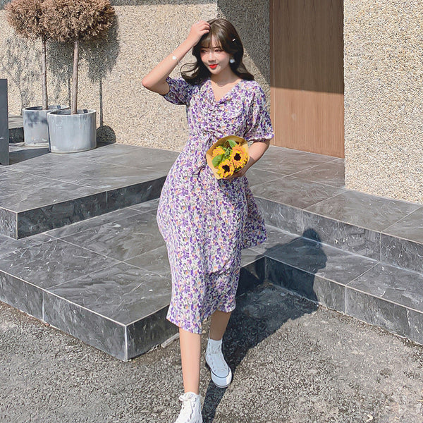 Women Retro Purple Chiffon Floral V Neck Short Sleeved Long Flare Dress