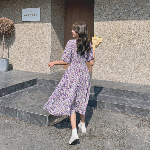 Women Retro Purple Chiffon Floral V Neck Short Sleeved Long Flare Dress