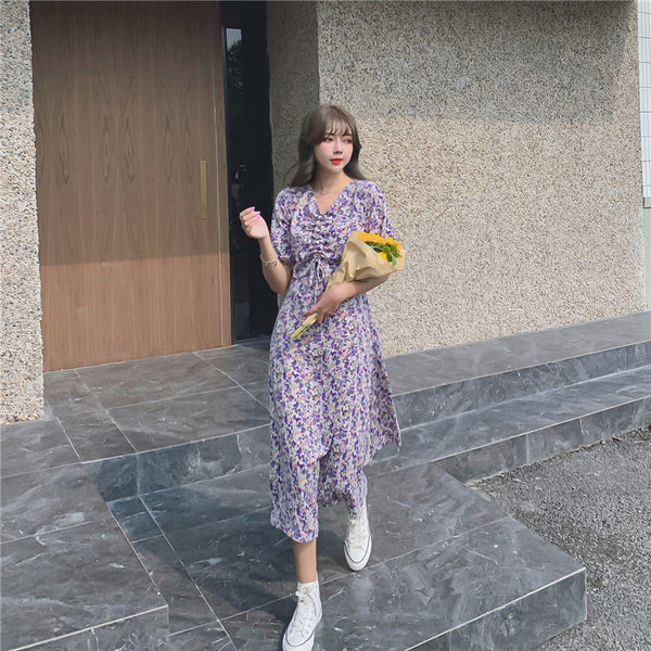 Women Retro Purple Chiffon Floral V Neck Short Sleeved Long Flare Dress