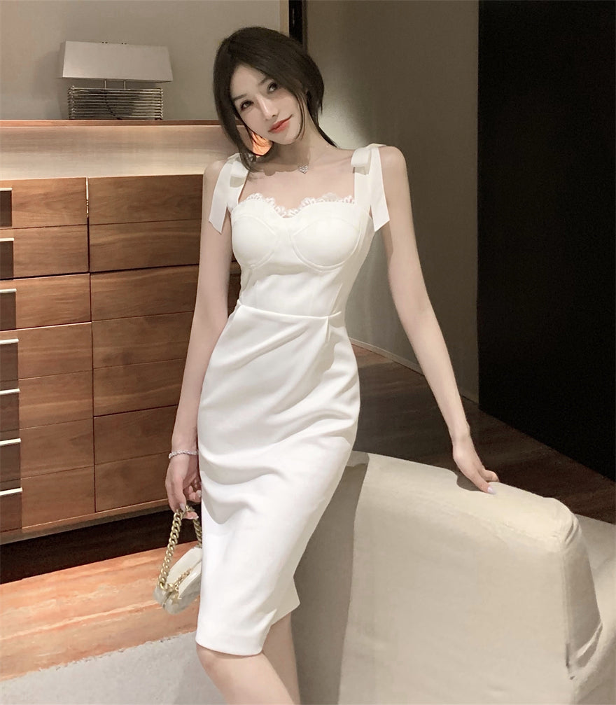 Retro White Temperament Tube Top Design Sling Banquet Party Dress