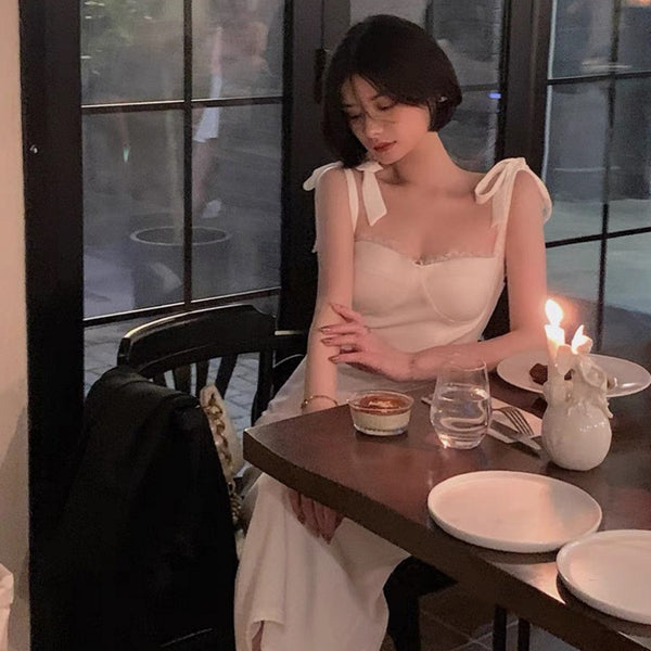 Retro White Temperament Tube Top Design Sling Banquet Party Dress