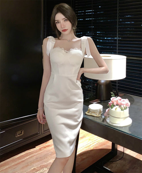 Retro White Temperament Tube Top Design Sling Banquet Party Dress