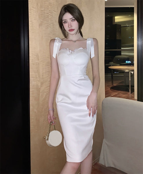 Retro White Temperament Tube Top Design Sling Banquet Party Dress