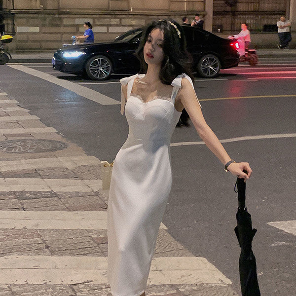 Retro White Temperament Tube Top Design Sling Banquet Party Dress