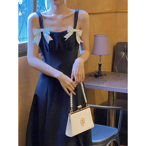 Summer Beauty Lady Casual Temperament Vintage Sling Style Shoulder Bow Dress