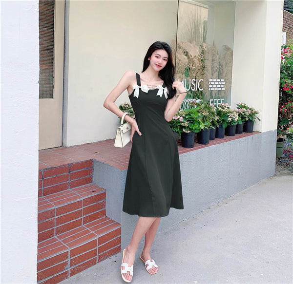 Summer Beauty Lady Casual Temperament Vintage Sling Style Shoulder Bow Dress