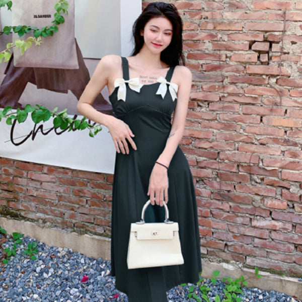 Summer Beauty Lady Casual Temperament Vintage Sling Style Shoulder Bow Dress