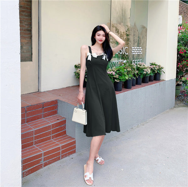Summer Beauty Lady Casual Temperament Vintage Sling Style Shoulder Bow Dress