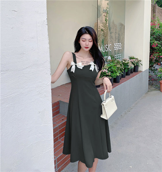 Summer Beauty Lady Casual Temperament Vintage Sling Style Shoulder Bow Dress