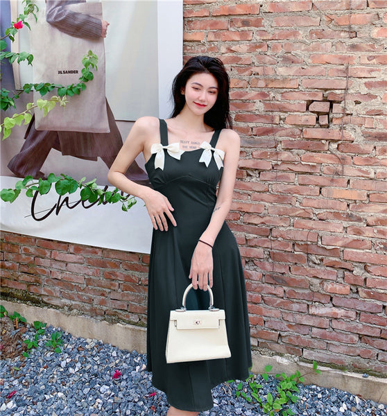 Summer Beauty Lady Casual Temperament Vintage Sling Style Shoulder Bow Dress