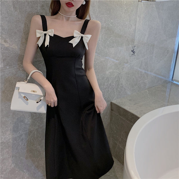 Summer Beauty Lady Casual Temperament Vintage Sling Style Shoulder Bow Dress