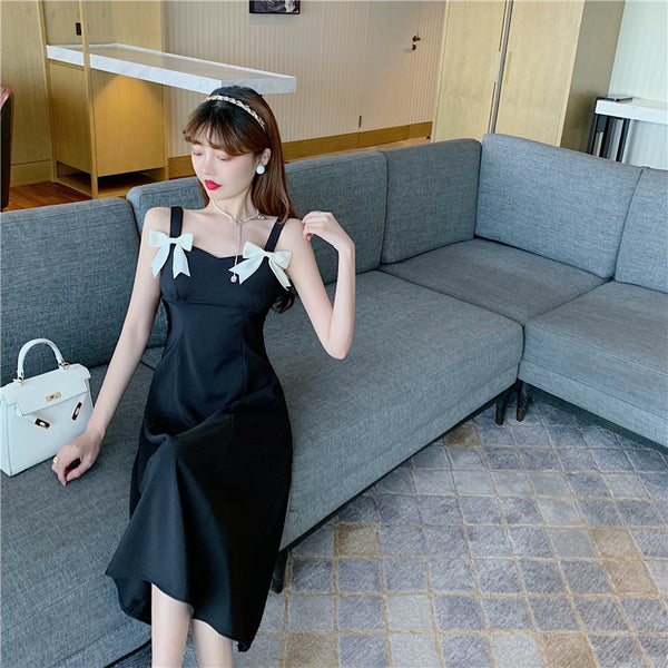 Summer Beauty Lady Casual Temperament Vintage Sling Style Shoulder Bow Dress