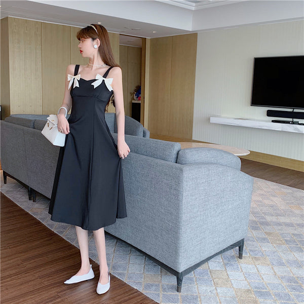 Summer Beauty Lady Casual Temperament Vintage Sling Style Shoulder Bow Dress