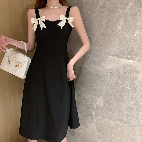Summer Beauty Lady Casual Temperament Vintage Sling Style Shoulder Bow Dress