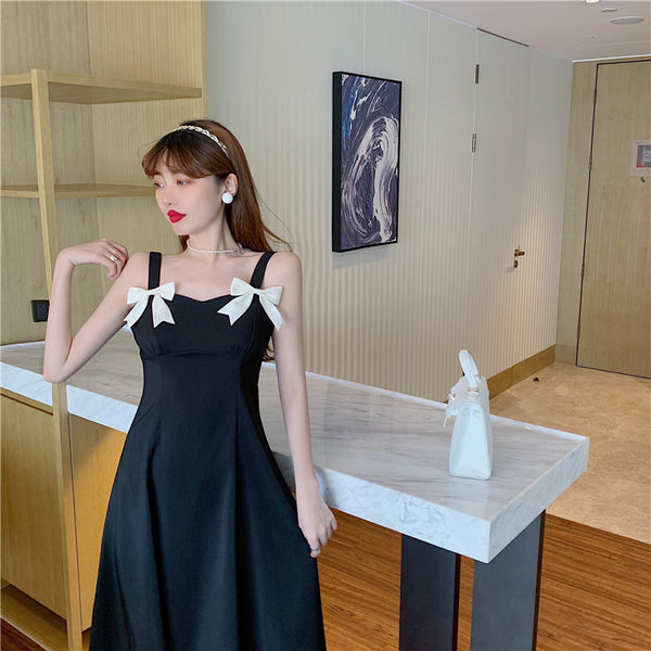 Summer Beauty Lady Casual Temperament Vintage Sling Style Shoulder Bow Dress