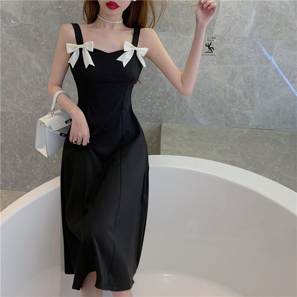 Summer Beauty Lady Casual Temperament Vintage Sling Style Shoulder Bow Dress