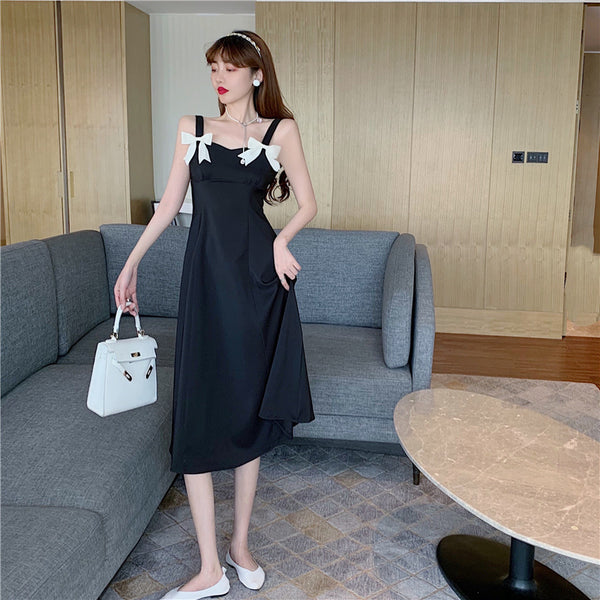 Summer Beauty Lady Casual Temperament Vintage Sling Style Shoulder Bow Dress