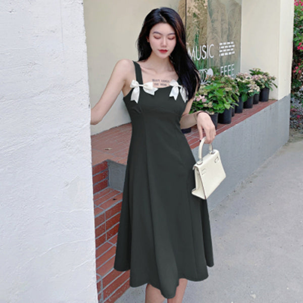 Summer Beauty Lady Casual Temperament Vintage Sling Style Shoulder Bow Dress