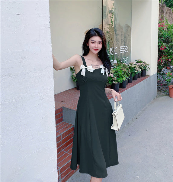 Summer Beauty Lady Casual Temperament Vintage Sling Style Shoulder Bow Dress
