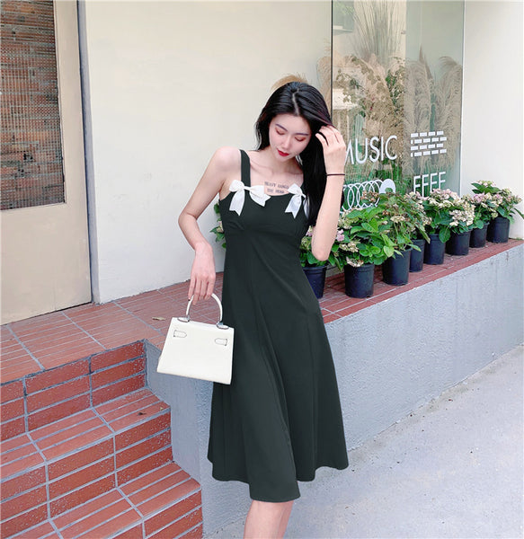 Summer Beauty Lady Casual Temperament Vintage Sling Style Shoulder Bow Dress