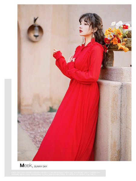 Women Red Seaside Holiday Ethnic Style Beach Skirt Elastic Waist Big Swing Long Dress