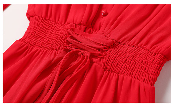 Women Red Seaside Holiday Ethnic Style Beach Skirt Elastic Waist Big Swing Long Dress